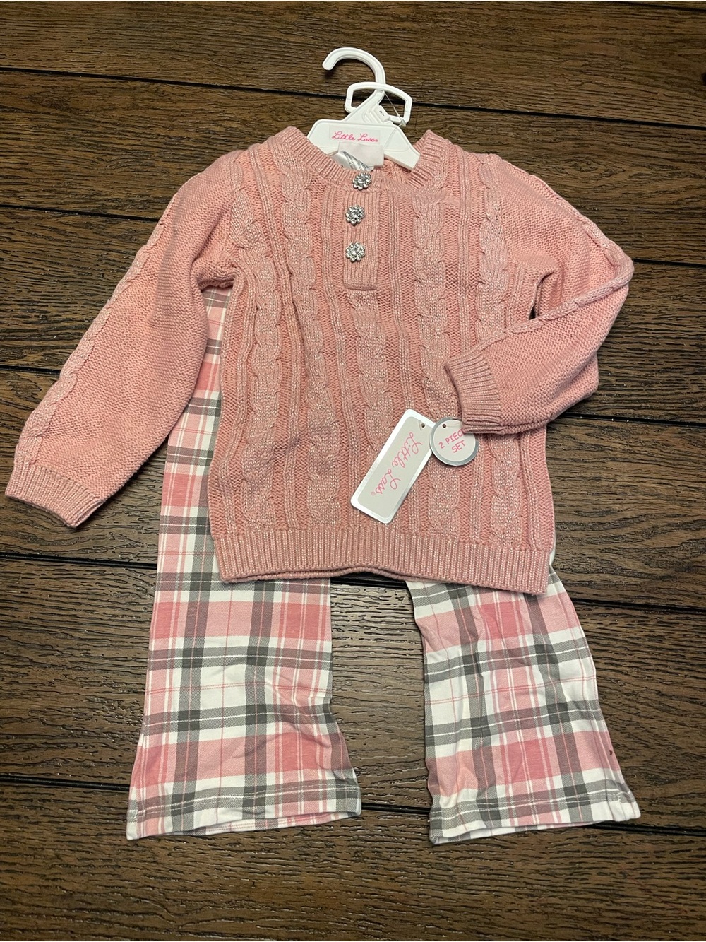 NWT Little Lass Dusty Pink Cable-Knit Sweater  Set with Plaid Pants